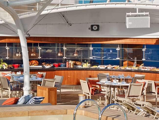 A view of the Patio dining area on a small ship cruise