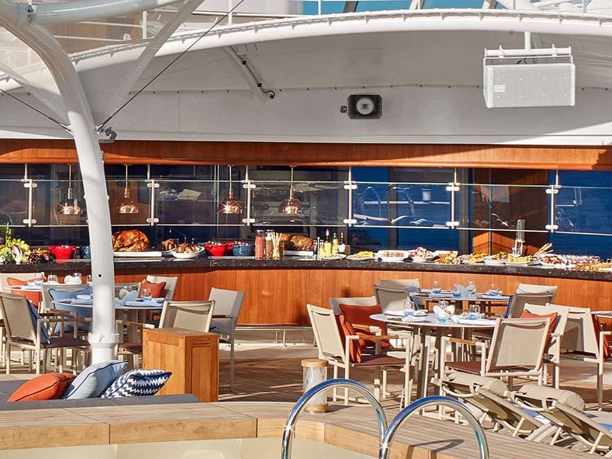 A view of the Patio dining area on a small ship cruise