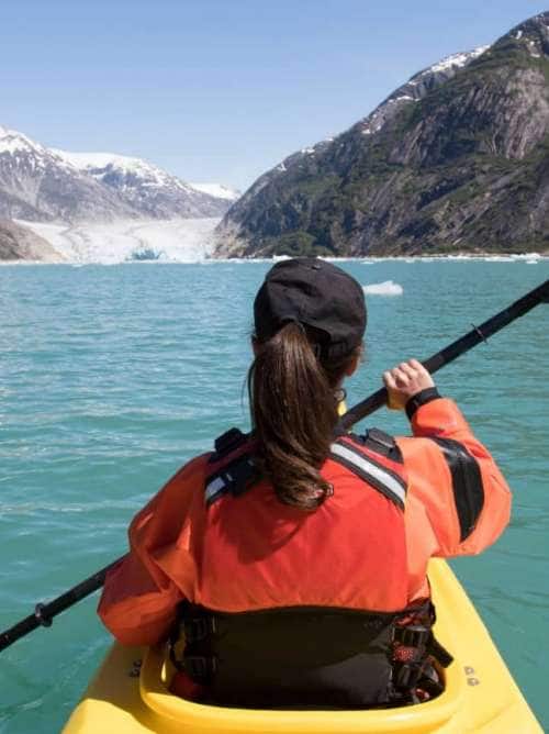 Kayak amongst glaciers on a Seabourn Alaska cruise.