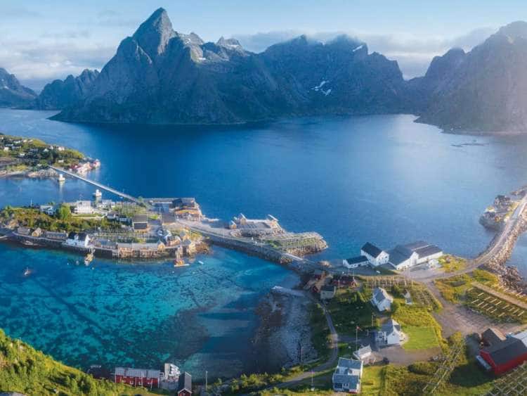 Aerial view of Lofoten, Norway, a port visited on an all-inclusive, luxury expedition Seabourn cruise.
