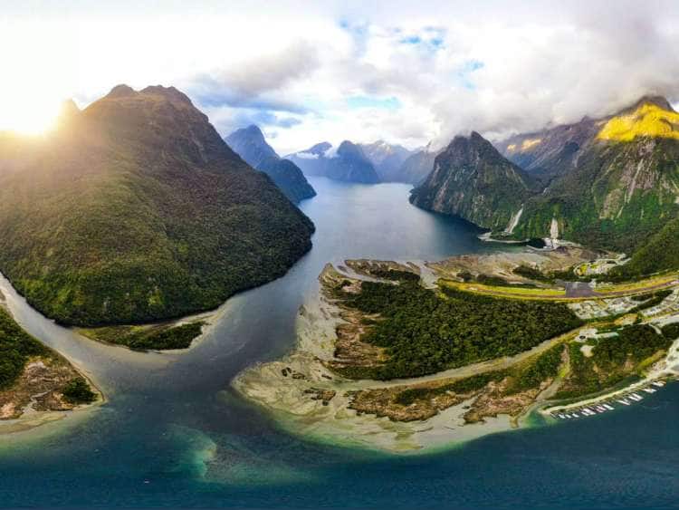 Aerial view of Milford Sound, New Zealand, a port visited on an all-inclusive, luxury Seabourn cruise.