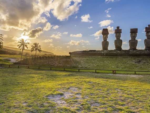 Stone statues on Easter Island, Chile,  a port visited on an all-inclusive, luxury Seabourn world cruise.