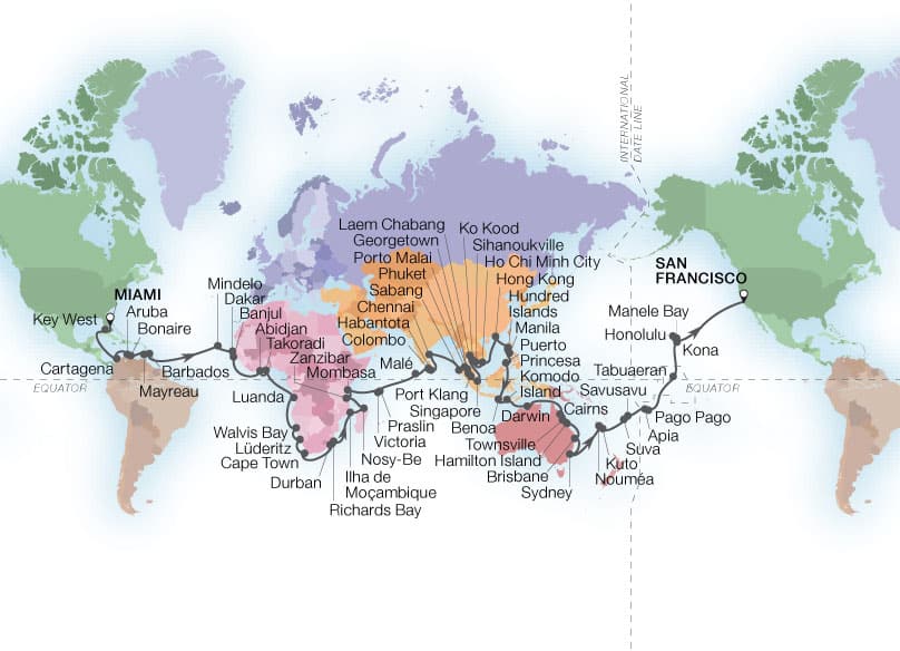 146 Tage Kreuzfahrt um die Welt: Karte der außergewöhnlichen Reiseziele
