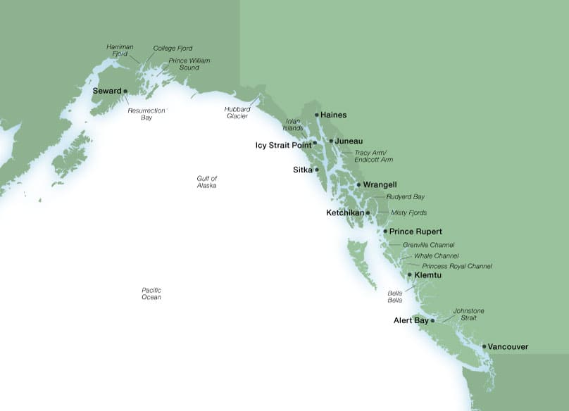 Seabourn's Alaska ports map