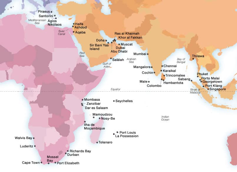 Seabourn's Arabia, India & Africa ports map