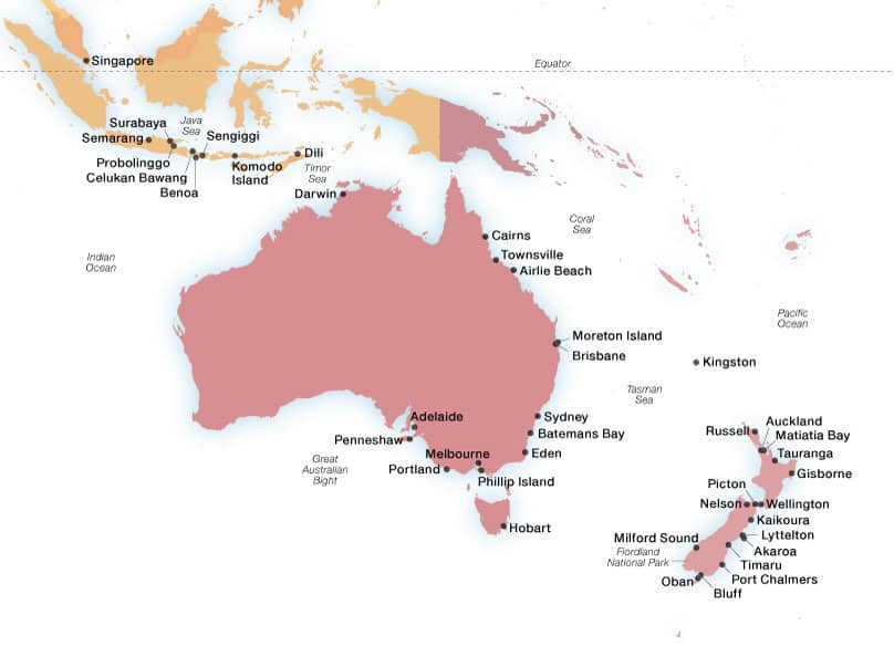 Seabourn's Australia & New Zealand ports map