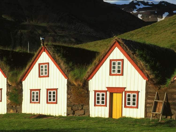 Iceland, Akureyri district, Grenvik town, typical houses.