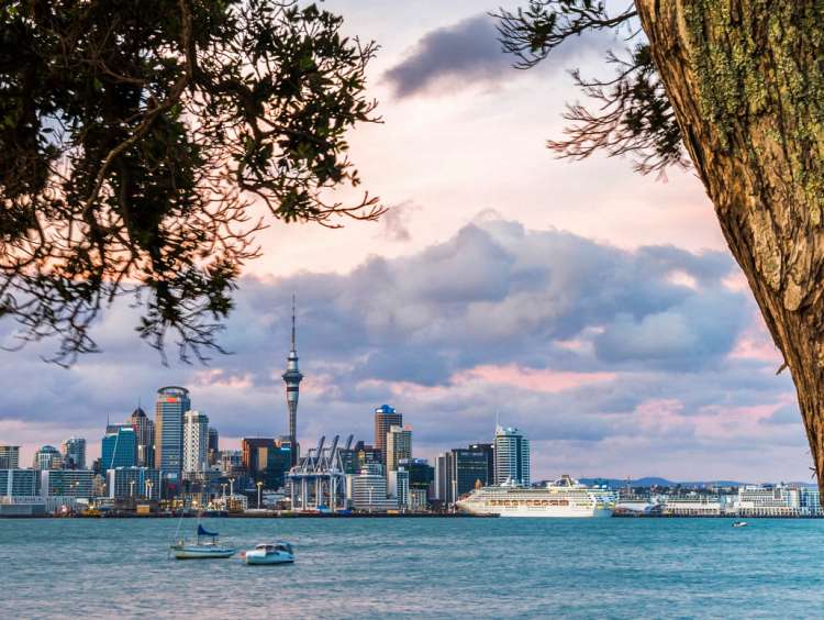 New Zealand, North Island, Auckland, Auckland skyline at sunset
