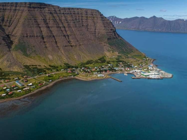 Aerial view of Bíldudalur, Iceland, a port visited on an all-inclusive, luxury Seabourn cruise.