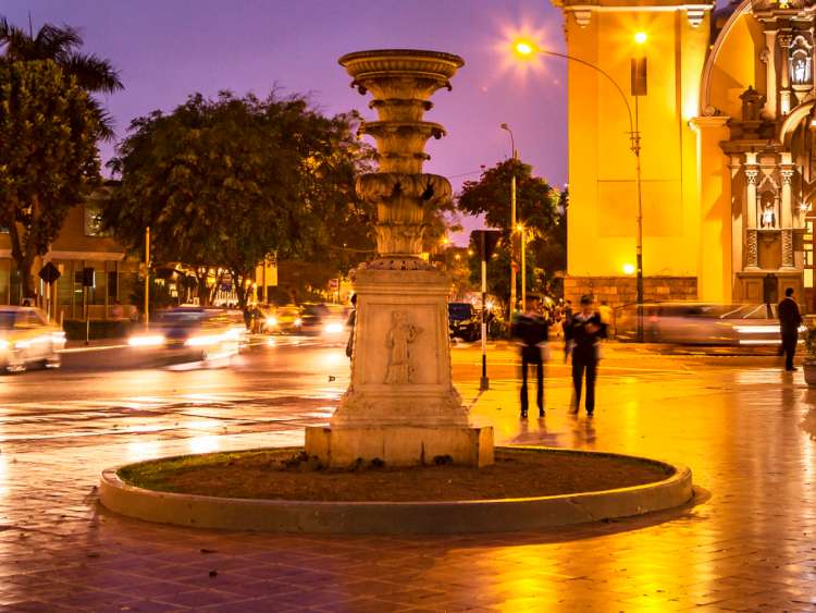 Dusk view of Plaza de Armas Barranco in Lima, Peru seen on a Seabourn luxury South America cruise Excursion