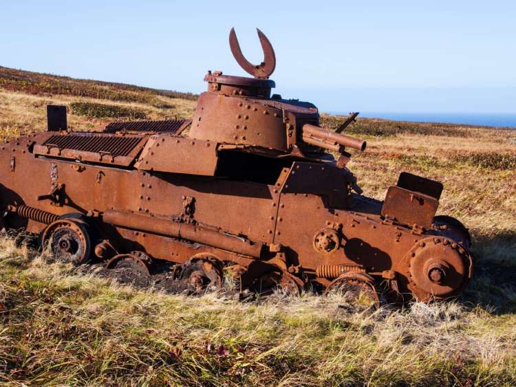 A World War II-era Japanese tank on Shumshu Island, Russia, a port visited on an all-inclusive, luxury expedition Seabourn cruise.