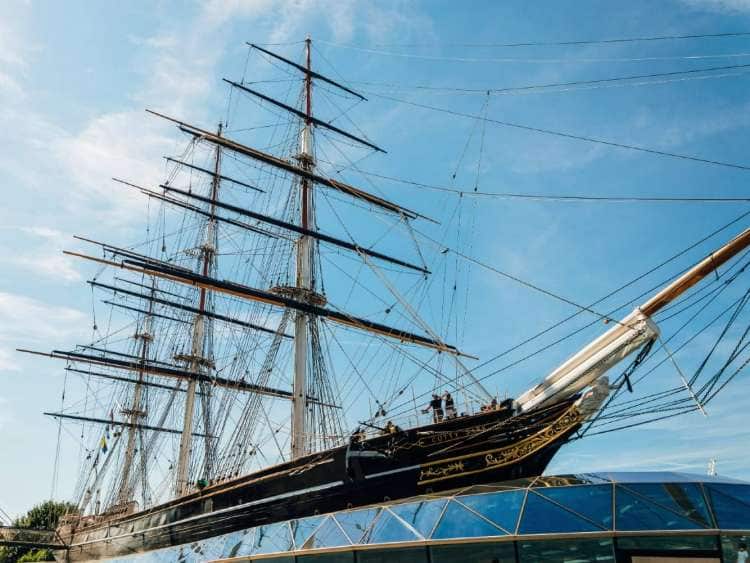 The British clipper ship, Cutty Sark, seen in Greenwich, London, a port visited on an all-inclusive, luxury Seabourn cruise.