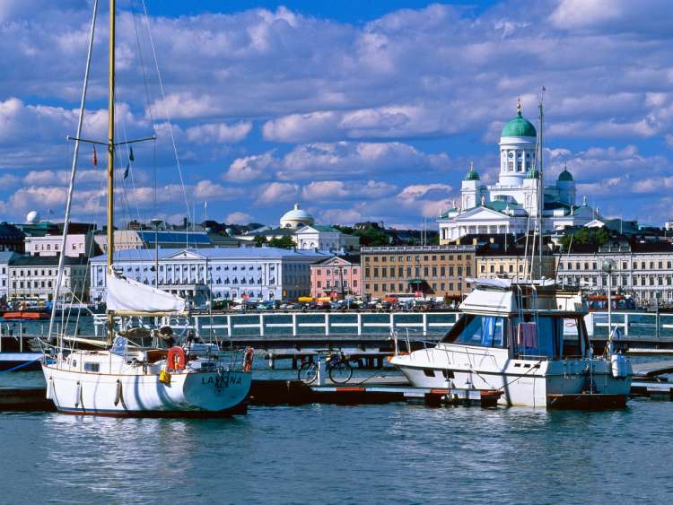 Waterfront with marina and cathedral, Helsinki, Finland