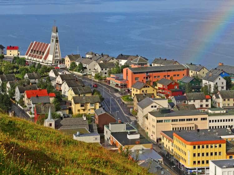 Norway, Finnmark, View of Hammerfest on the Arctic Ocean with Rainbow