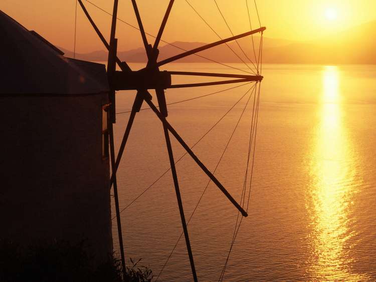 Windmill at sundown, Hydra Island, Saronic Islands, Attica, Greece