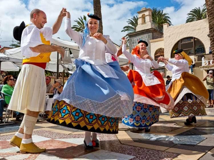Colorful Canarian folk dancing at Pueblo Canaria in Las Palmas, a port visited on an all-inclusive, luxury Seabourn cruise.