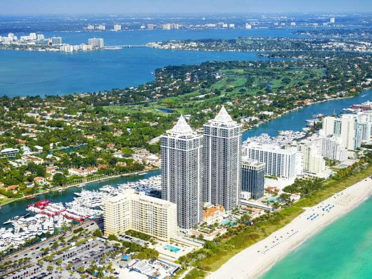 View across the Blue Diamond Apartment High Rises and La Gorce Island, Miami Beach in Miami, Florida, USA