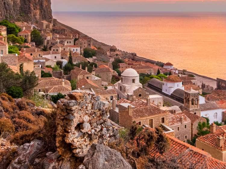 Red Sky in the Morning above the Old Town of Monemvasia, Laconia, Peloponnese, Greece
