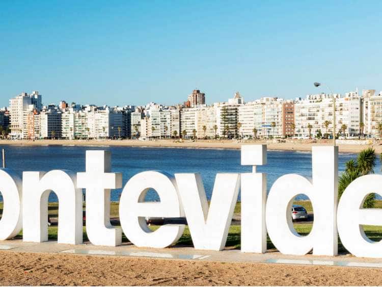 Uruguay, Montevideo, Montevideo giant letters looking over Playa de los Pocitos