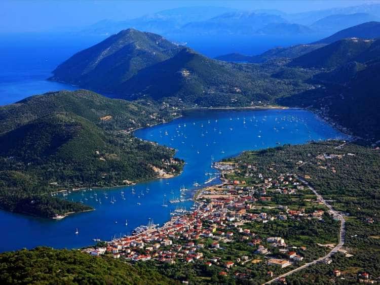 Aerial view of the harbor at Nydri, Greece, a port visited on an all-inclusive, luxury Seabourn cruise.