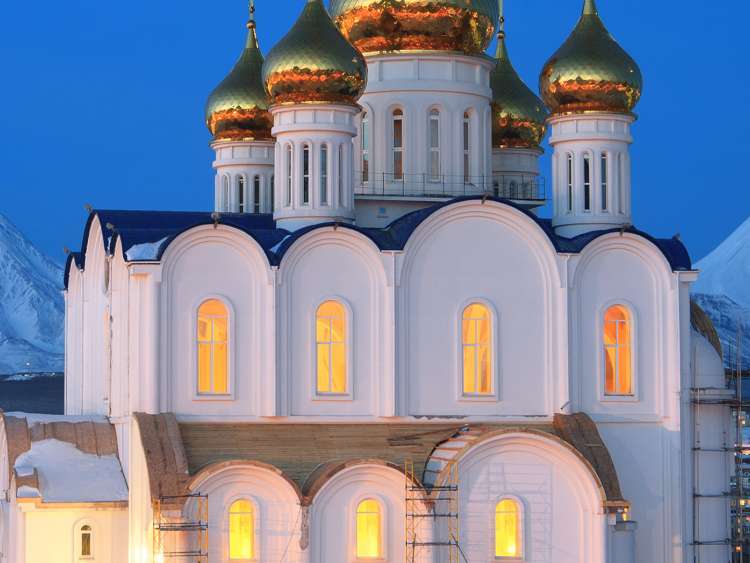 Trinity Cathedral in Petropavlovsk, Russia, a port along a cruise aboard a luxury, all-inclusive, Seabourn ship.