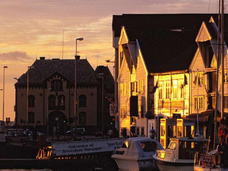 Norway, Rogaland, Stavanger, Vaagen harbour, On the right old wooden houses and old storehouses along Skansegata street