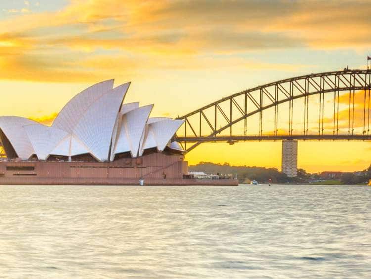 Australia, Sydney, Sydney Harbor Bridge, Opera House and Harbor bridge at sunset