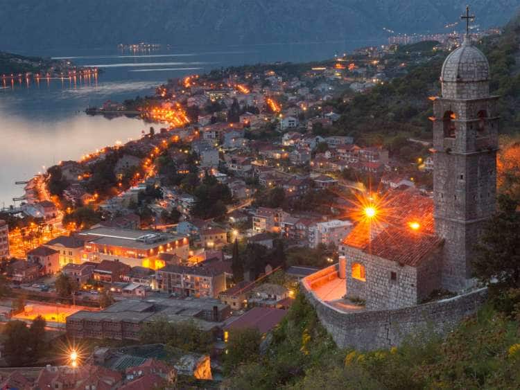 Montenegro, Kotor Bay, Kotor, Adriatic Coast, Landscape of Kotor and the bay from the fortress at dusk