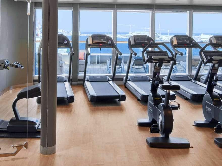 Exercise equipment in the fitness center aboard an all-inclusive, luxury Seabourn ship.