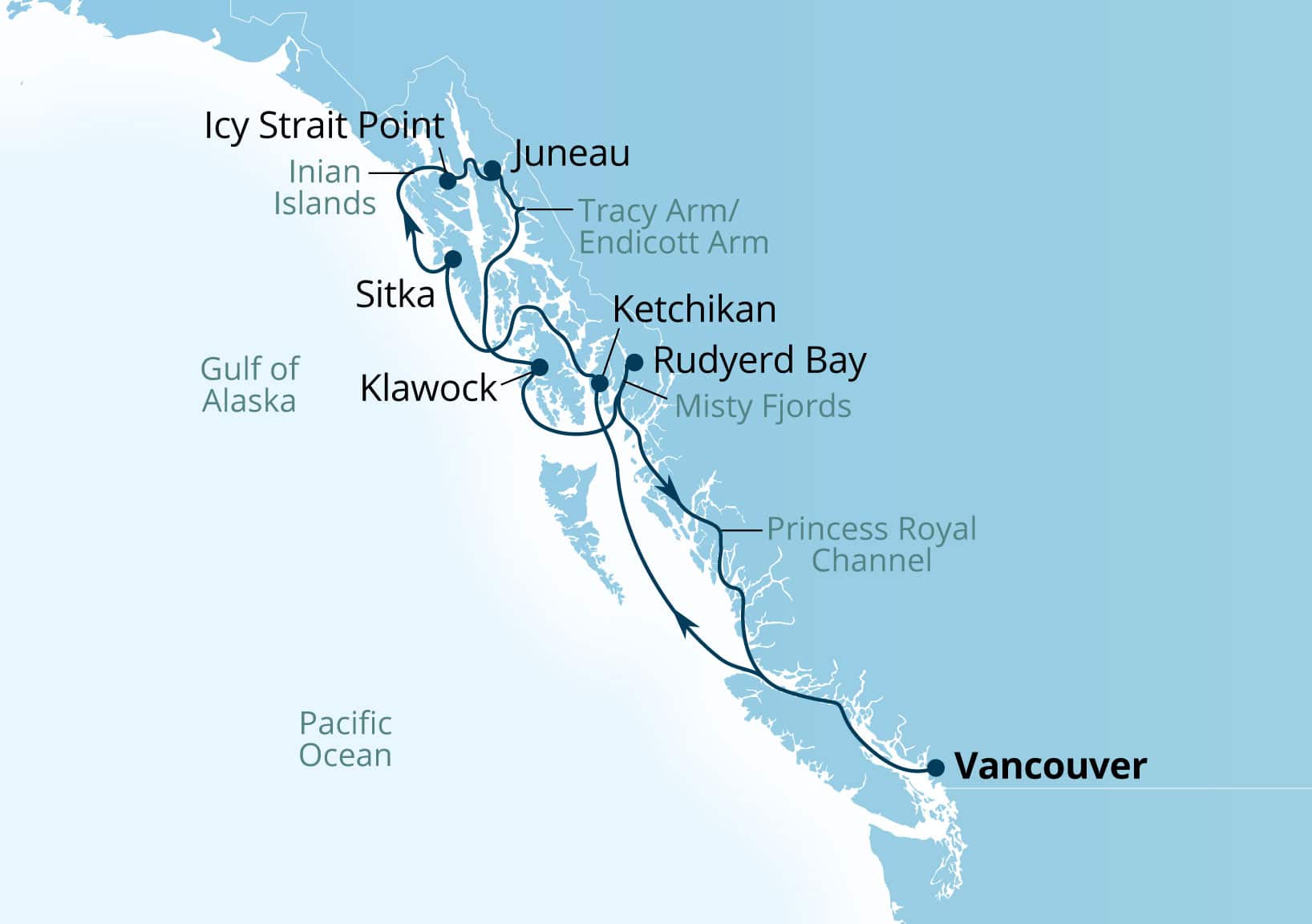 MapDepicting 10-Day Alaska Fjords Odyssey Departs Vancouver, B.C., CA Arrive Vancouver, B.C., CA