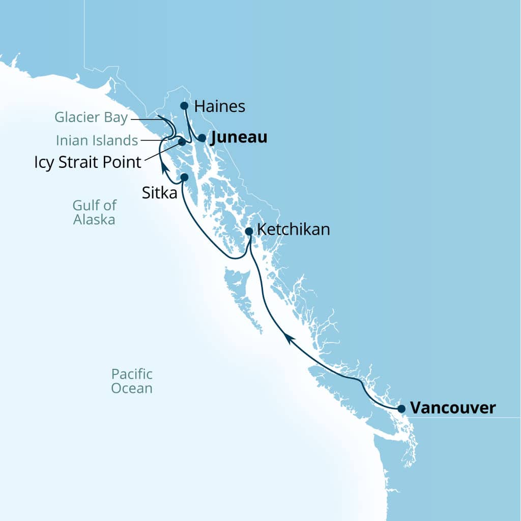 Itinerary map of 7-Day Alaska Inside Passage & Glacier Bay