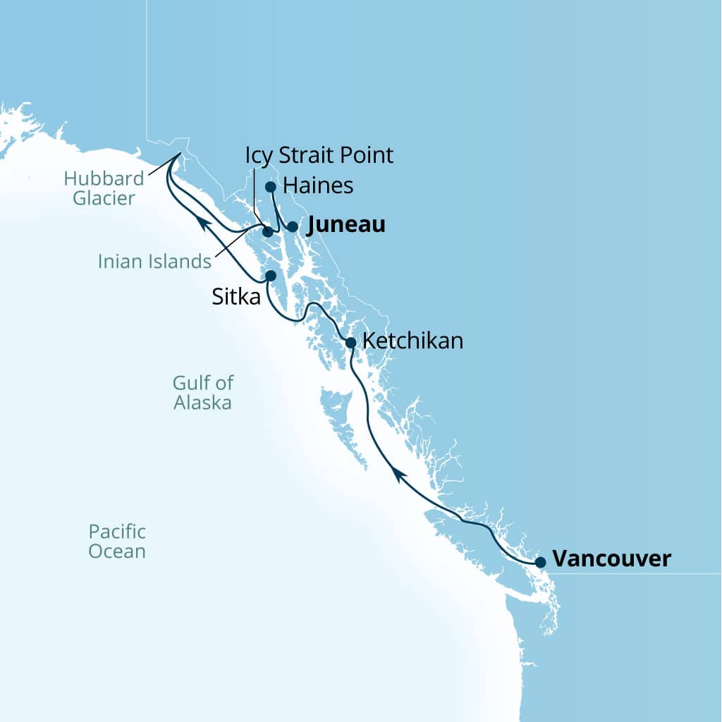 Itinerary map of 7-Day Glaciers & Alaska Inside Passage