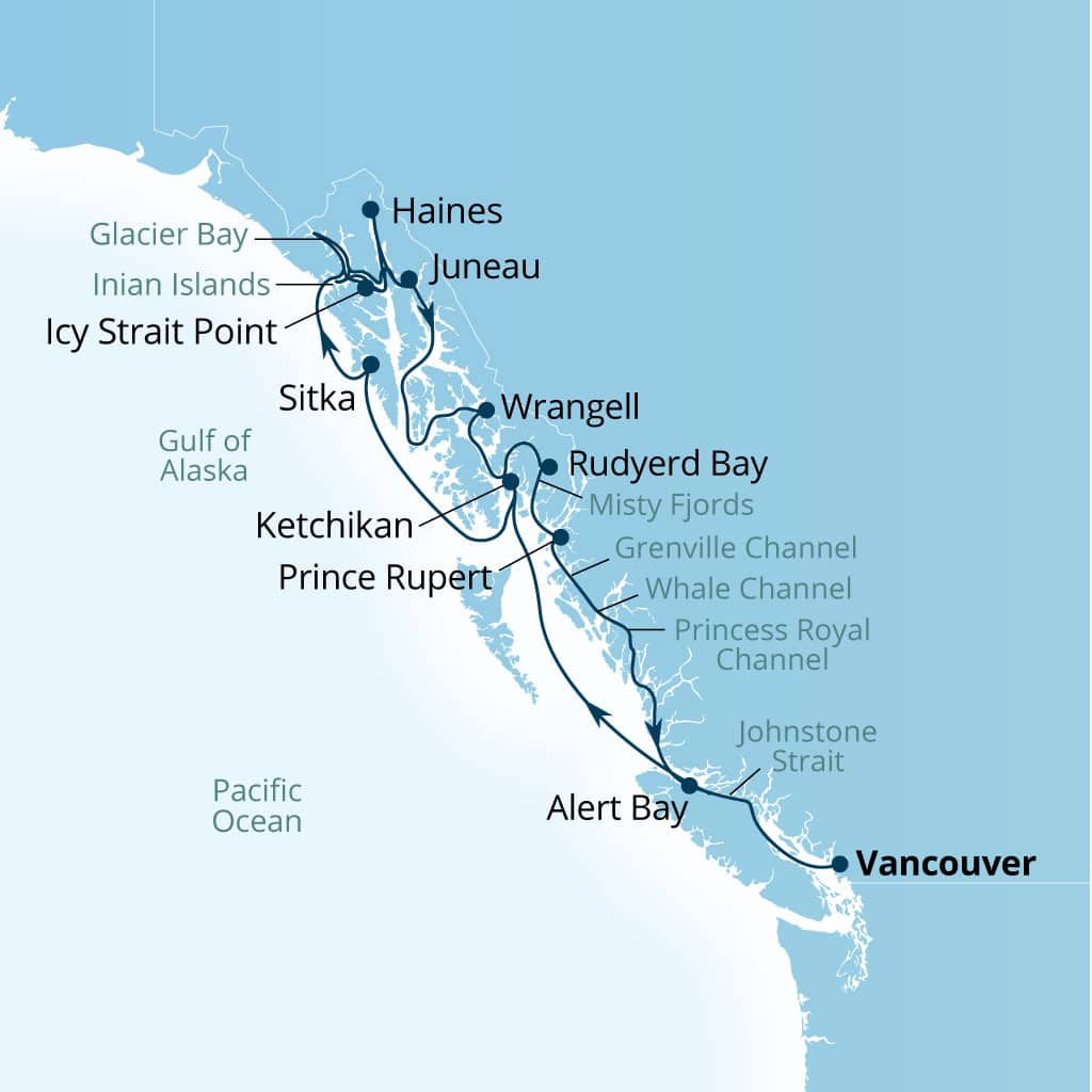 Itinerary map of 14-Day Glacier Bay, Fjords & Inside Passage