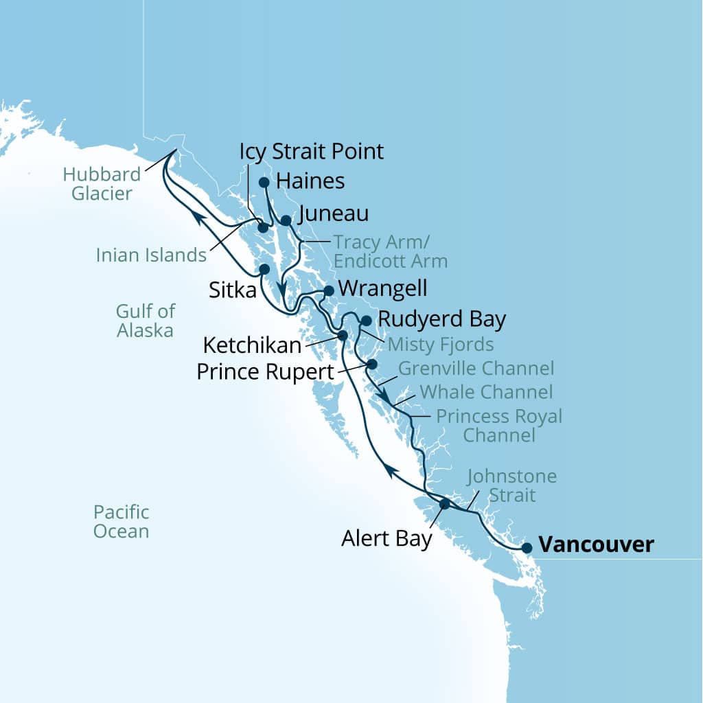 Itinerary map of 14-Day Alaska Glaciers, Fjords & Inside Passage