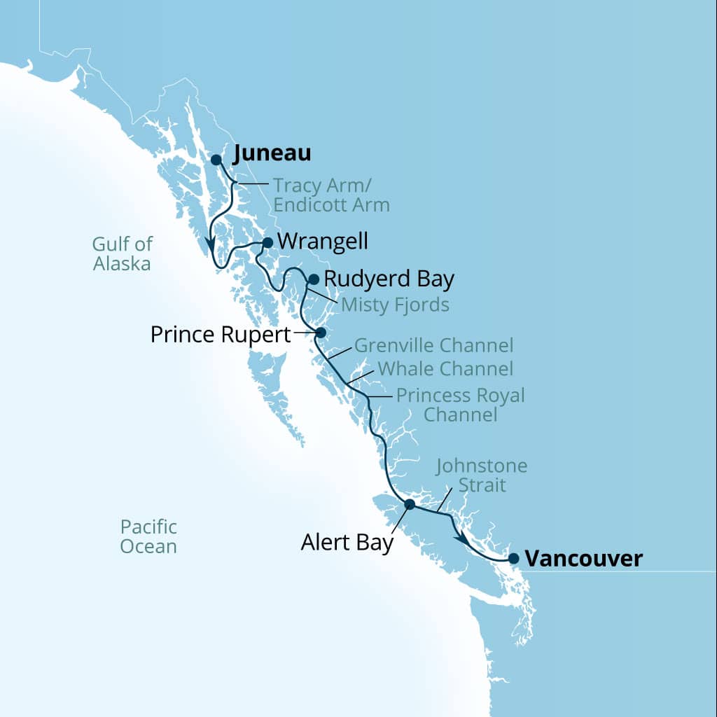 Itinerary map of 7-Day Alaska Fjords & Canadian Inside Passage