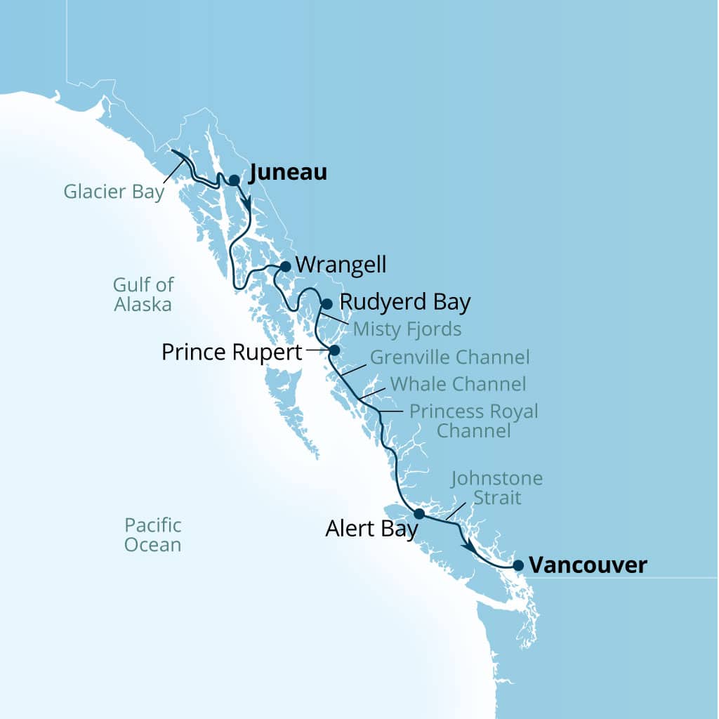 Itinerary map of 7-Day Glacier Bay & Canadian Inside Passage