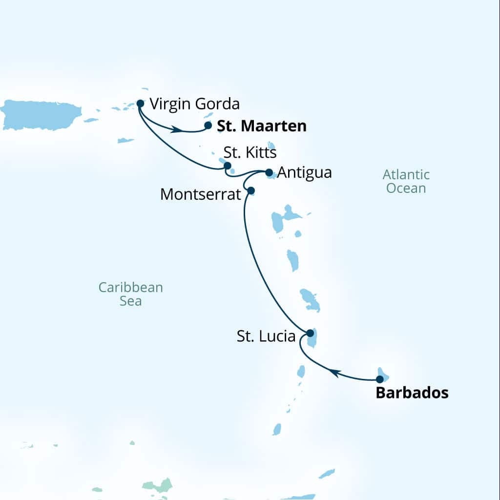 Itinerary map of 7-Day Classic Caribbean Yacht Harbors