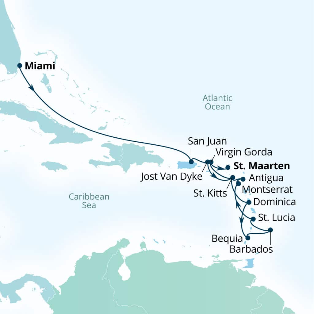 Itinerary map of 15-Day Southern Caribbean In Depth
