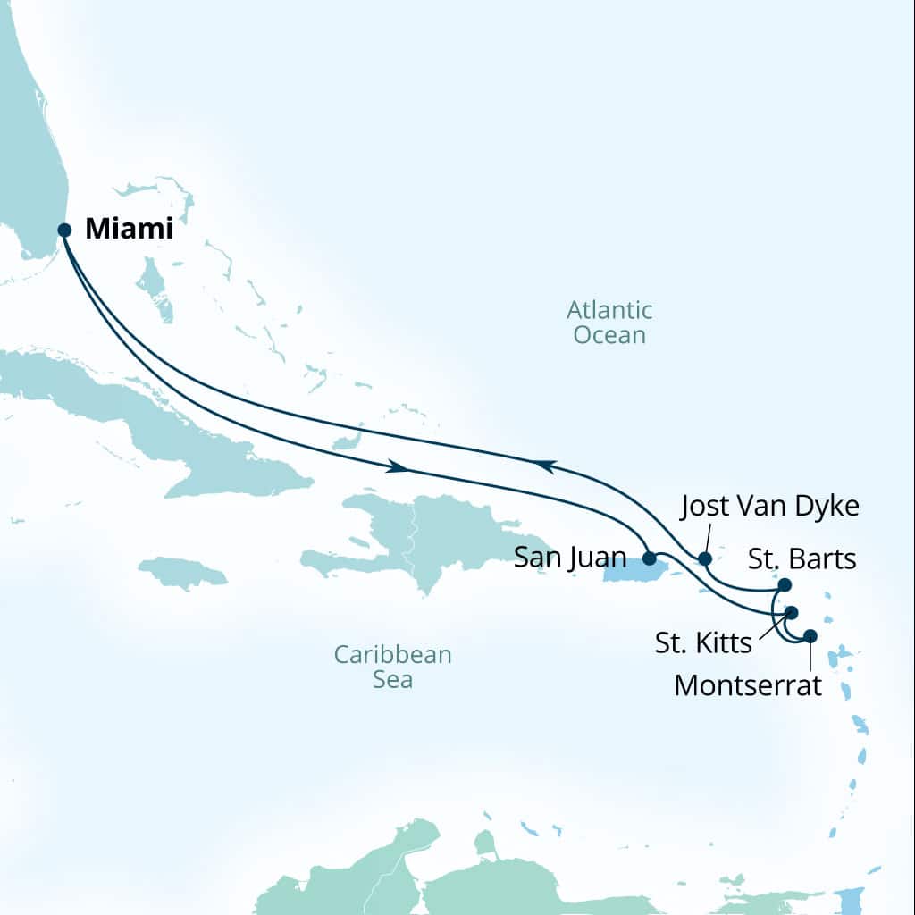 Itinerary map of 10-Day Leeward Islands Holiday