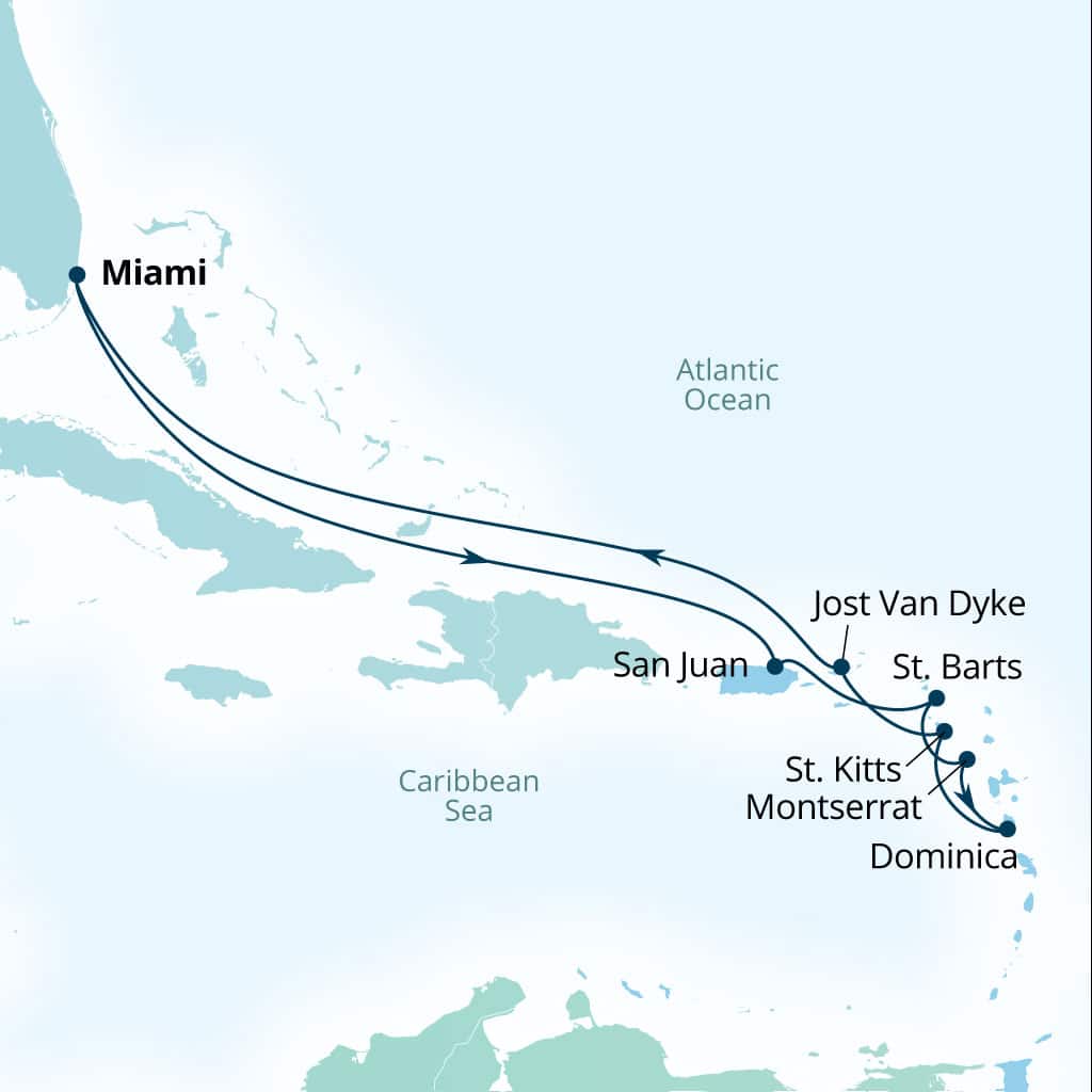 Itinerary map of 11-Day Leeward Islands & Dominica Dreams