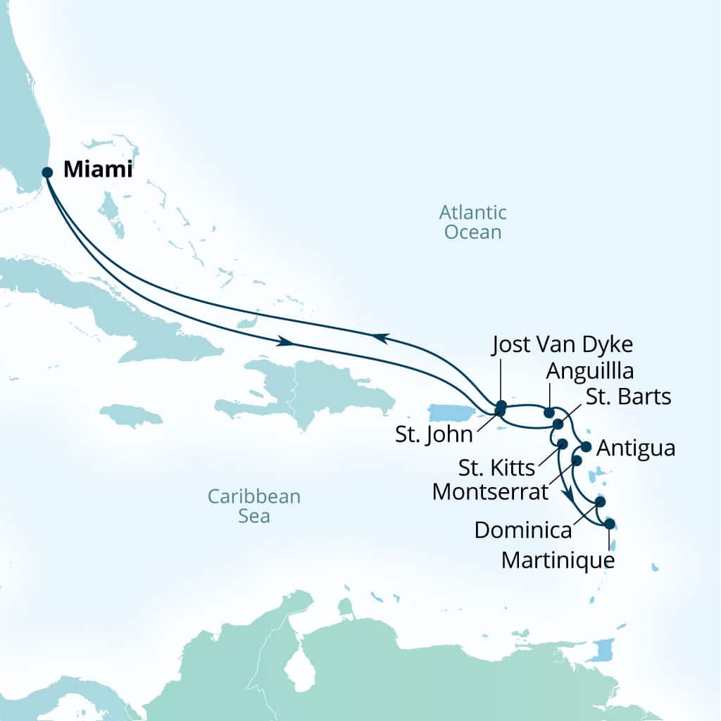 Itinerary map of 14-Day Windward & Leeward Islands