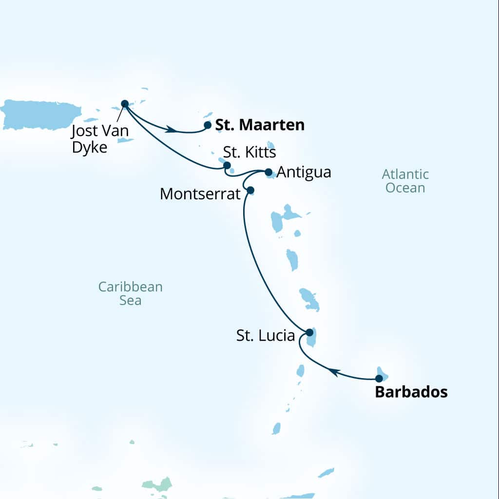 Itinerary map of 7-Day Classic Caribbean Yacht Harbors