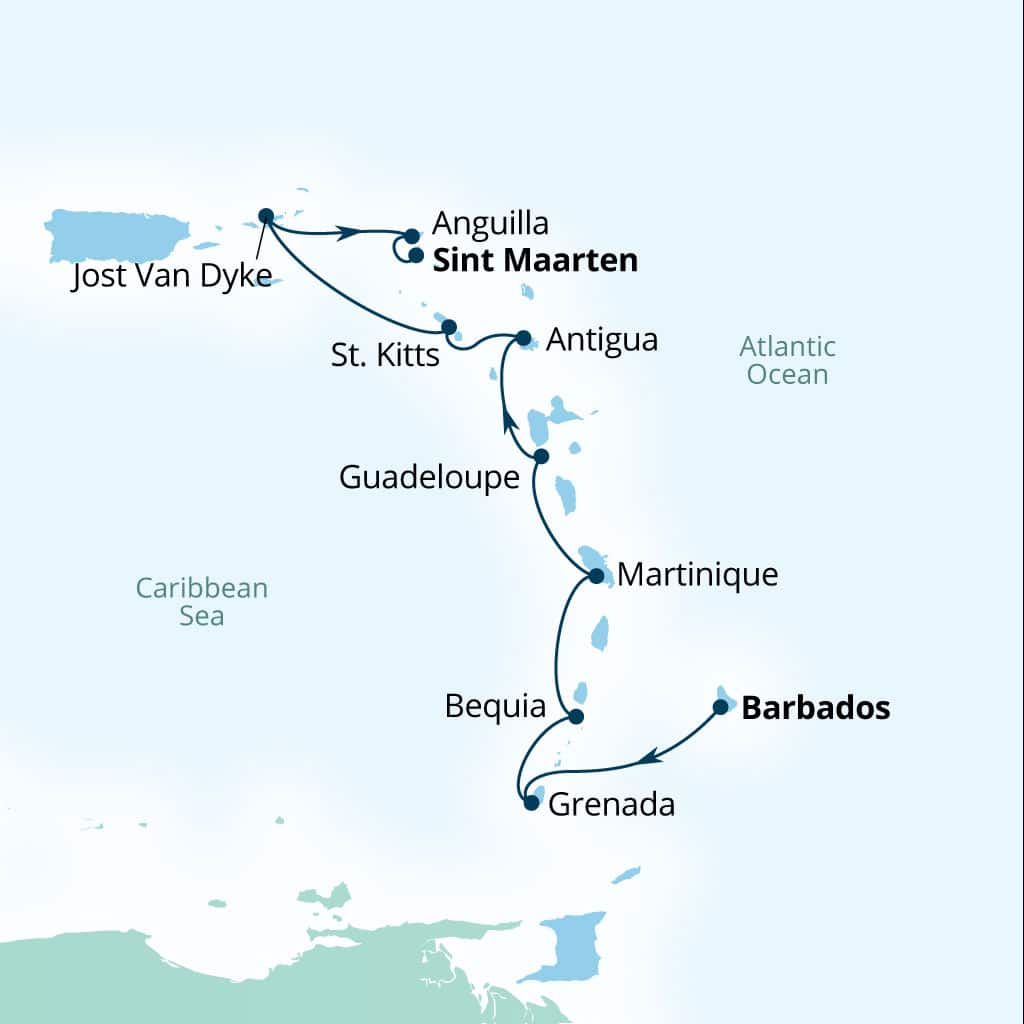 Itinerary map of 10-Day Caribbean Yacht Harbor Holiday