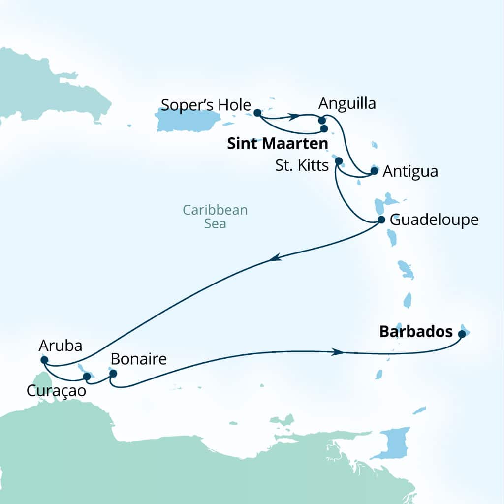 Itinerary map of 11-Day Yachtsman's Holiday In Aruba, Bonaire & Curacao