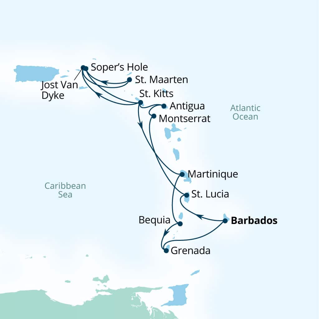 Itinerary map of 14-Day Exotic Caribbean In Depth