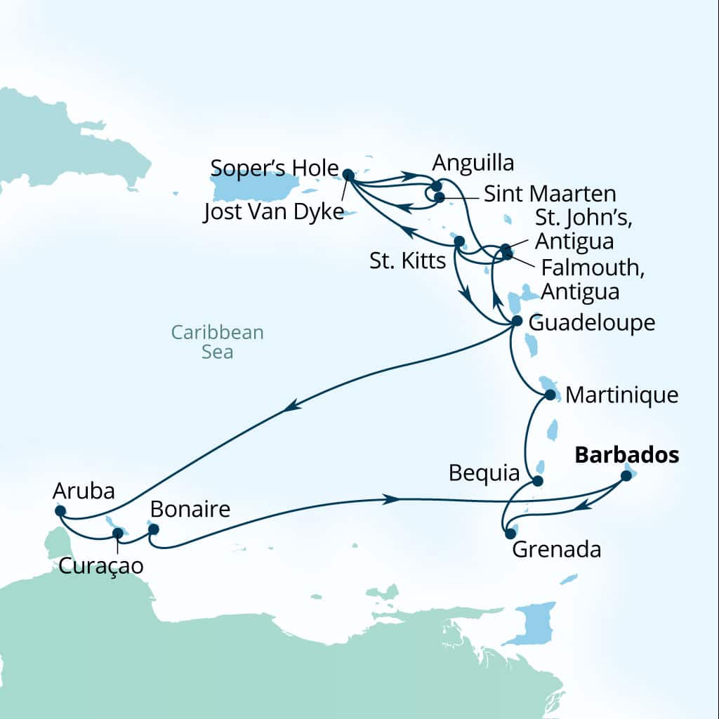 Itinerary map of 21-Day Bonaire, Curacao & Southern Caribbean Holiday
