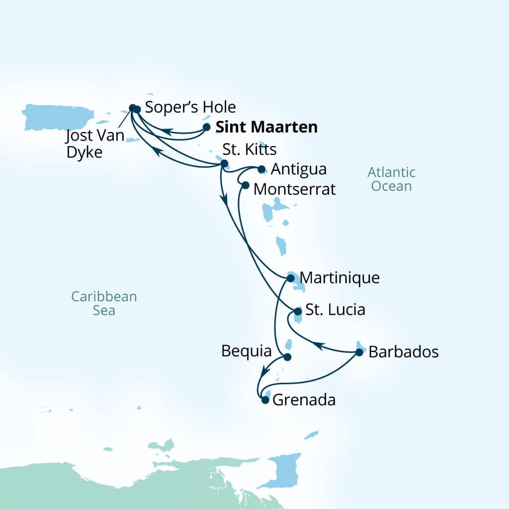 Itinerary map of 14-Day Caribbean Yacht Harbors In Depth