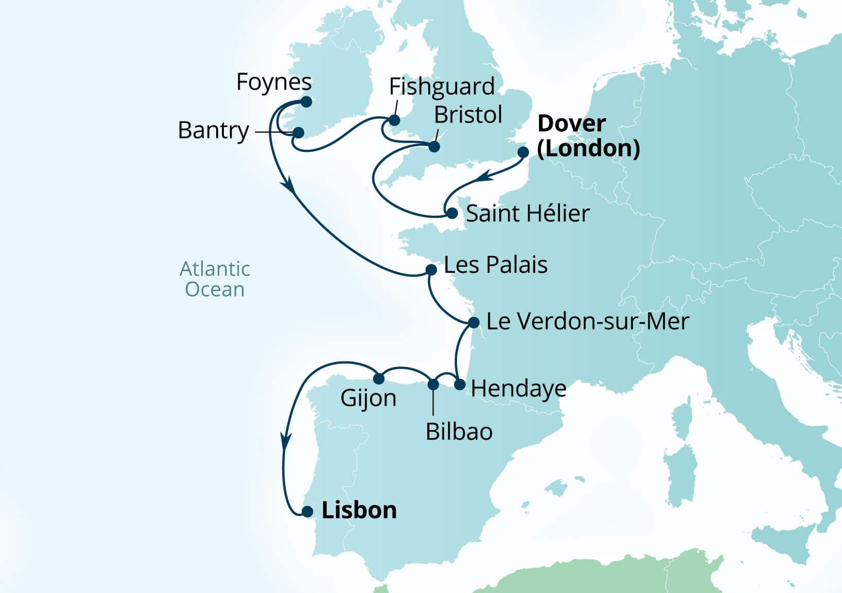 MapDepicting 14-Day Celtic Sea & Silver Coast Departs Lisbon, Portugal Arrive Dover (London), England, UK