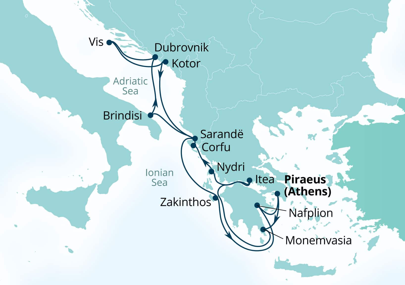 MapDepicting 14-Day Greek Isles & Adriatic Coast Departs Piraeus (Athens), Greece Arrive Piraeus (Athens), Greece
