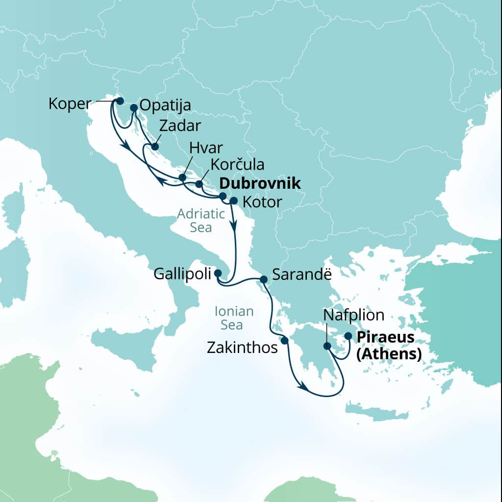 Itinerary map of 14-Day Dalmatian Coast & Balkan Jewels